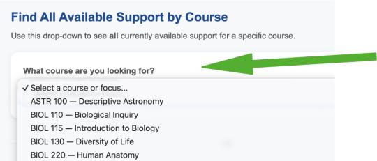 Drop-down menu from the course support finder tool