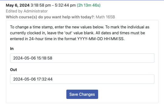 Editing drop-in time log