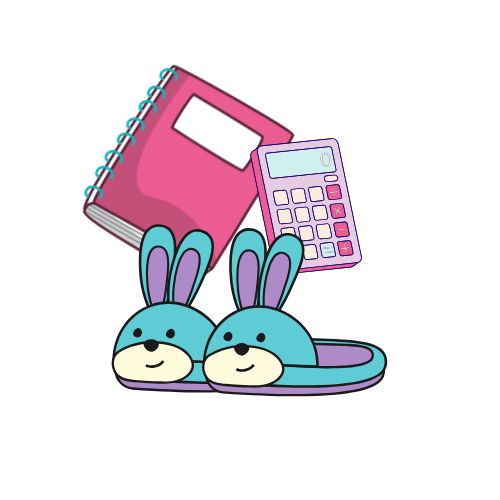 Bunny slippers, a notebook, and a calculator