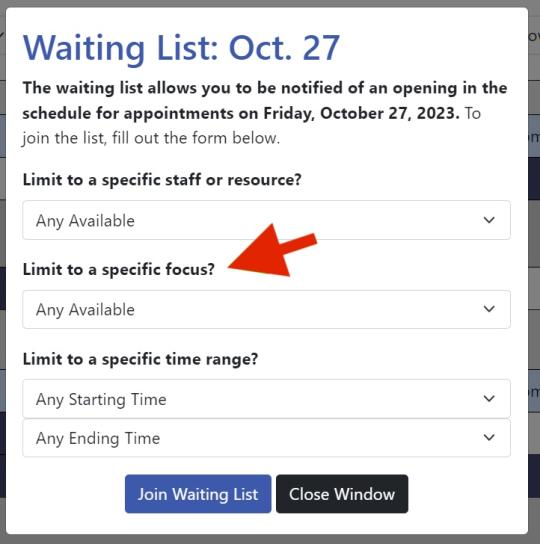 Waiting List Form screenshot